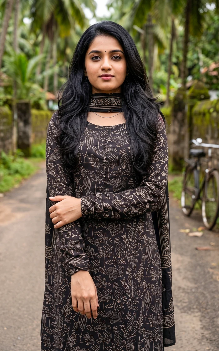 Black Leaf Printed Cotton Straight Salwar set